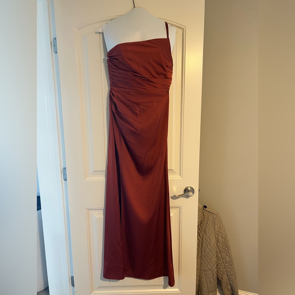 Azazie Mermaid One Shoulder Stretch Satin Dress in Terracotta size 8